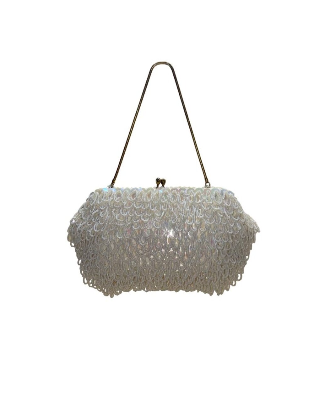 Vintage ADG Women’s White Fringe Beaded Satin Metallic Strap Clutch Bag